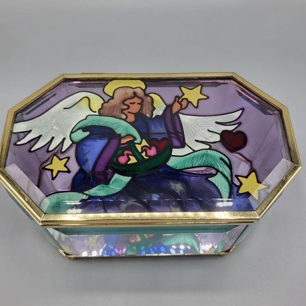 Stained Beveled Glass Angel Jewelry Trinket Box With Lid Brass Edges